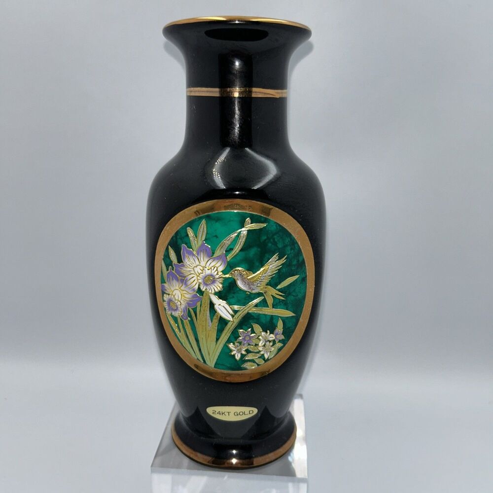 Art of Chokin Vase 24KT Gold Hummingbird Daffodil Black 8" Japan Vintage